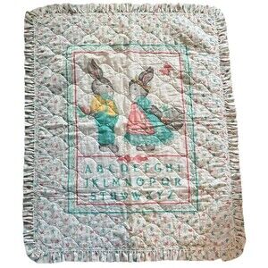 Vintage 90’s Bunny Baby Comforter ABC’s Crib Toddler Bed Blanket Quilt Ruffled